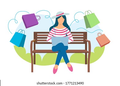 A beautiful girl is sitting in a summer Park with a laptop and shopping online. Vector concept on the topic of online shopping using the app.