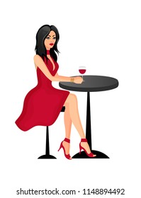 Beautiful girl sitting at a table in a cafe drinking wine, brunette, vector illustration