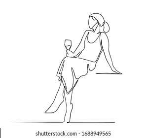 Beautiful girl sitting at table in cafe drinking wine  brunette  vector line illustration  One line drawing woman in dress sitting   drinking wine from glass  minimalist stylish art