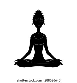 Beautiful girl sitting in yoga lotus position, black silhouette. Vector illustration.