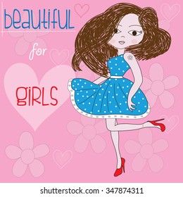 beautiful girl in a skirt with flowers and heart vector illustration