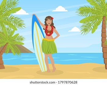 Beautiful Girl in Skirt of Leaves Standing with Surfboard on Tropical Beach Vector Illustration