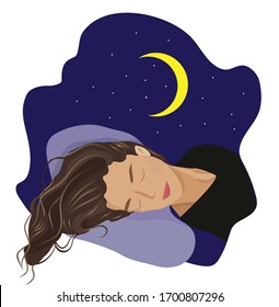 Una bella chica está durmiendo, su pelo está esparcido en la almohada. Ilustración vectorial del sueño saludable para el rastreador de buenos hábitos. Es necesario observar la rutina diaria. 