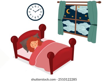 beautiful girl sleeping at night, vector, illustration