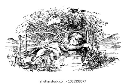 A beautiful girl is sleeping on a pew in the garden, vintage line drawing or engraving illustration.