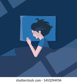 A beautiful girl sleeps on a pillow in the rays of the moon falling from the window. Square composition in the style of minimalism.