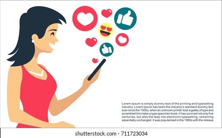 Beautiful Girl with smartphone in hand have fun and likes in social networks receives recognition flat vector illustration