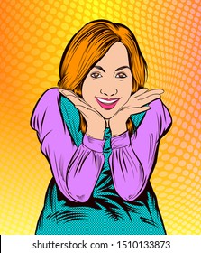 Beautiful girl smiling, happy mood.Pop art retro vector illustration vintage kitsch