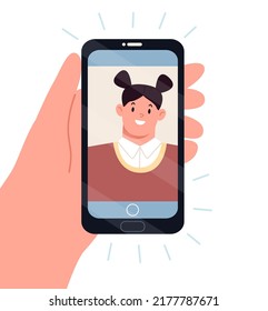 Beautiful girl smiling on a human hand smartphone display holding a mobile phone and looking at the screen chat, video call, self portrait. Vector Illustration
