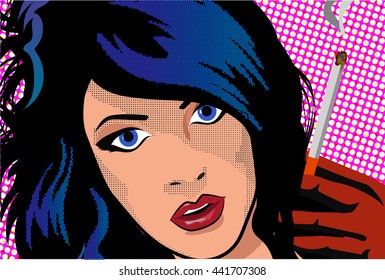 The beautiful girl smokes a cigarette. Pop art style