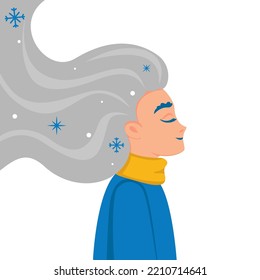 Belle fille avec des flocons de neige en développement de cheveux longs. Illustration vectorielle. Caractère hivernal pour le design, la décoration, l'affiche, l'impression, la publicité