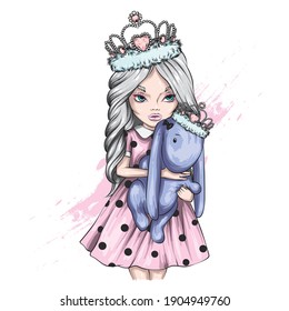 Beautiful girl and a soft toy. Vector illustration for cards, print on clothes and accessories. Fashion and Style. 