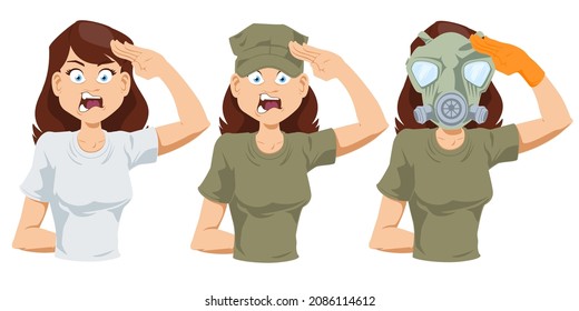 Beautiful girl soldier salutes. Saluting Woman. Illustration concept for mobile website and internet development.