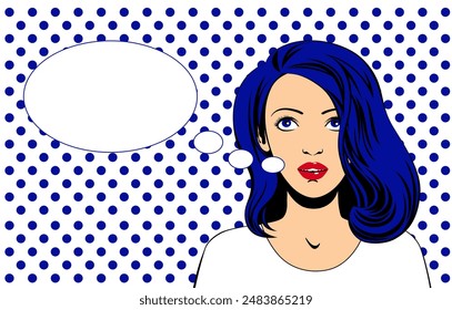 Beautiful girl with speech bubble on geometric background in minimalist style. The theme of communication and networking. Pop art concept. Vector illustration