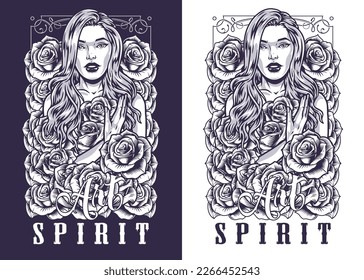Beautiful girl spirit flyer monochrome with portrait of attractive woman with long hair embracing rose flowers vector illustration