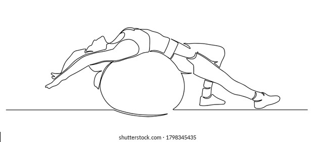 beautiful girl in sports clothes sitting on a fitness ball one line. young girl doing exercises with fit ball  continuous line drawing. woman doing pilates exercises with fit ball. Vector illustration