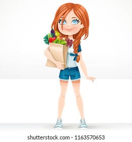 Beautiful girl in a sports suit holds a paper bag filled with organic food fruits and vegetables and a big white banner  isolated on white background