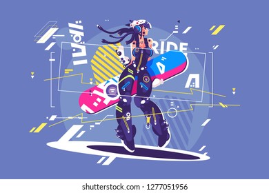 Beautiful girl in sportswear with snowboard vector illustration. Young woman snowboarder flat style concept. Snowboarding activities. Winter kinds of sport and holidays