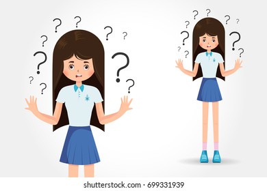 A beautiful girl spread out her hands in misunderstanding, isolated on white background  vector illustration. Sad young woman with open hands gesture. A charming adult girl shrugs shoulders.