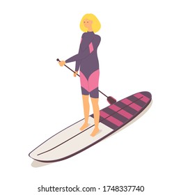 Beautiful girl in springsuit on a longboard surfboard or stand up paddle board. Isometric healthy character.