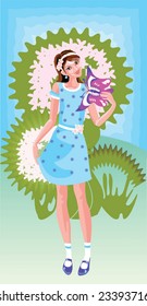 A beautiful girl is standing in front of a blooming oriental cherry. She has a  butterfly-like fan in her hands.