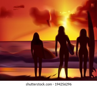 beautiful girl standing on the beach and holding a surfboard