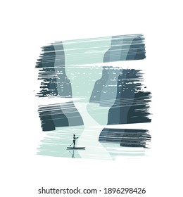 Beautiful girl standing on a kayak with a paddle in her hand, floating in the ocean past rocks.Typography for printing T-shirts, vector illustration.