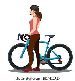 A beautiful girl standing on the side of a road bike.Vector illustration isolated on white background.

