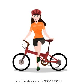 A beautiful girl standing on the side of a folding bike.Vector illustration isolated on white background.Eco transport.Cute design for t shirt print, icon, logo, label, patch or sticker.