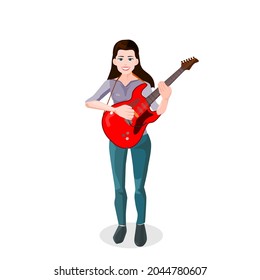beautiful girl standing playing electric guitar.Isolated vector illustration on a white background.