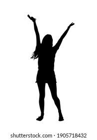 Beautiful girl standing with raised arms silhouette. Happy slim girl raised her hands up. Vector illustration isolated on white background.