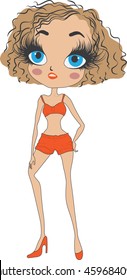 A beautiful girl standing. Vector illustration, woman in shorts and high heel orange shoes