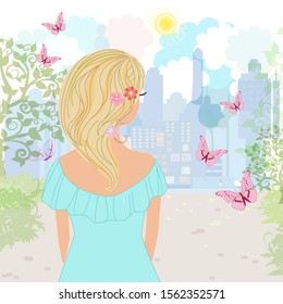 beautiful girl stands with her back looking on cityscape for your design