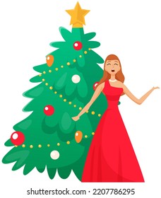 Beautiful girl stands near fir tree and sings festive song. New Year and Christmas. Winter celebration and holidays. Happy woman vocalist performs verses with melody at family party or at concert