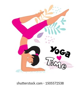 Beautiful girl stands in yoga pose on a white background