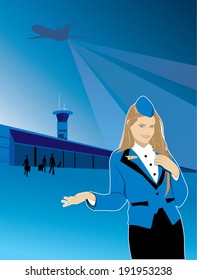 Beautiful girl stewardess offers travel by plane pointing to the airport. Over the airport the plane takes off
