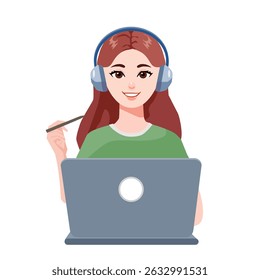 Beautiful girl studying online with laptop.Use headphones and hold a pen in your right hand.Vector illustration isolated on white background.
