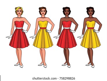 A beautiful girl in the style of the 40-50's stands full-length in front isolated on white background.Vector set of happy pretty women different nationalities in beautiful vintage dresses 