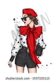 A beautiful girl in a stylish beret, blouse and shorts. Vector illustration for a postcard or poster, print on clothes. Fashion and Style.