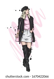 Beautiful girl in a stylish cap, skirt and boots. Fashion and style, clothes and accessories. Fashionable woman. Vector illustration for postcard or poster, print.
