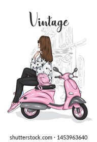 Beautiful girl in a stylish closes sits on a vintage moped. Vector illustration for postcard or poster, print for clothes. Fashion & Style.