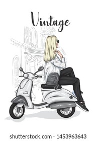 Beautiful girl in a stylish closes sits on a vintage moped. Vector illustration for postcard or poster, print for clothes. Fashion & Style.