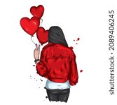 Beautiful girl in stylish clothes and balloons-hearts. Love and valentine's day. Fashion and style, clothing and accessories.