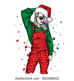 Beautiful girl in stylish clothes and Christmas. New Year, winter holidays.