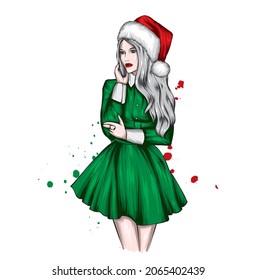 Beautiful girl in stylish clothes and Christmas. New Year, winter holidays.