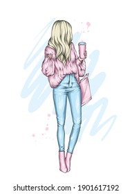 Beautiful girl in stylish clothes and coffee. Vector illustration for a postcard or poster, print. Fashion and style, clothing and accessories. Valentine's Day and love.