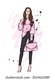 Beautiful girl in stylish clothes and coffee. Vector illustration for a postcard or poster, print. Fashion and style, clothing and accessories. Valentine's Day and love.