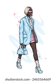 Beautiful girl in stylish clothes. Fashionable jacket, shorts, bag and shoes. Fashion and style, accessories. Dress stylishly.