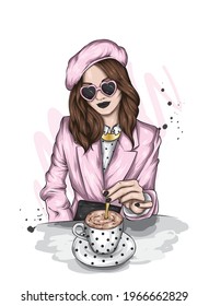 Beautiful girl in stylish clothes and glasses. Vector illustration for a postcard or poster, print. Fashion and style, clothing and accessories.