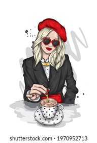 Beautiful girl in stylish clothes and glasses. Vector illustration for a postcard or poster, print. Fashion and style, clothing and accessories.